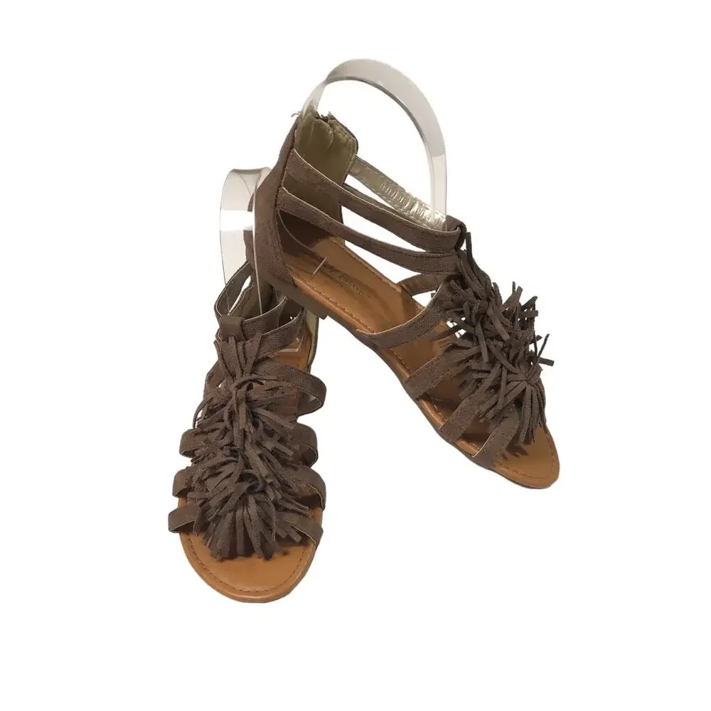 Self Esteem Sandals Taupe Faux Suede Strappy With Fringes Girls Size 4